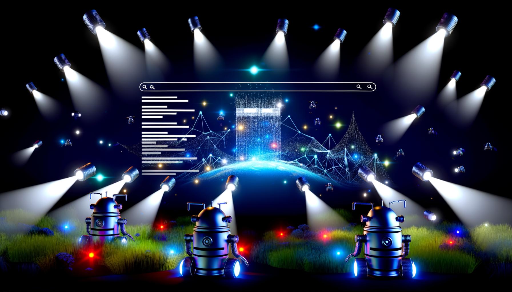Animierte, moderne Webseite mit dynamischen Inhalten und komplexem Javascript über einem dunklen SEO-Schlachtfeld, Googlebots leuchten auf leere Content-Container, dramatisch fallende SERP-Rankings im Hintergrund.
