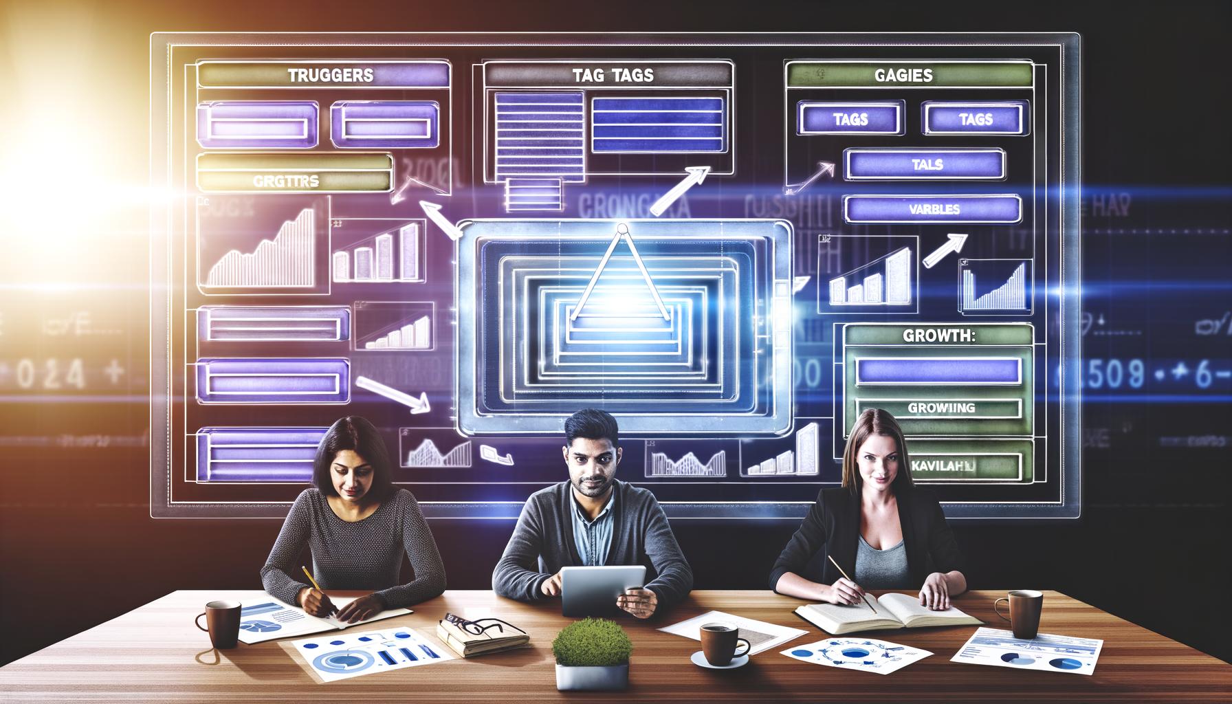 Dynamische Redaktionstabelle mit großem digitalen Tag-Manager-Bildschirm, zwei Online-Marketing-Profis am Tablet, Notizen, Kaffeetasse und stilisierten Wachstumspfeilen im Hintergrund.