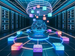 Futuristischer Serverraum mit modularen Backend- und Frontend-Komponenten sowie Headless-System, das API-Daten an verschiedene Geräte sendet.