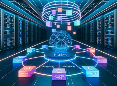 Futuristischer Serverraum mit modularen Backend- und Frontend-Komponenten sowie Headless-System, das API-Daten an verschiedene Geräte sendet.