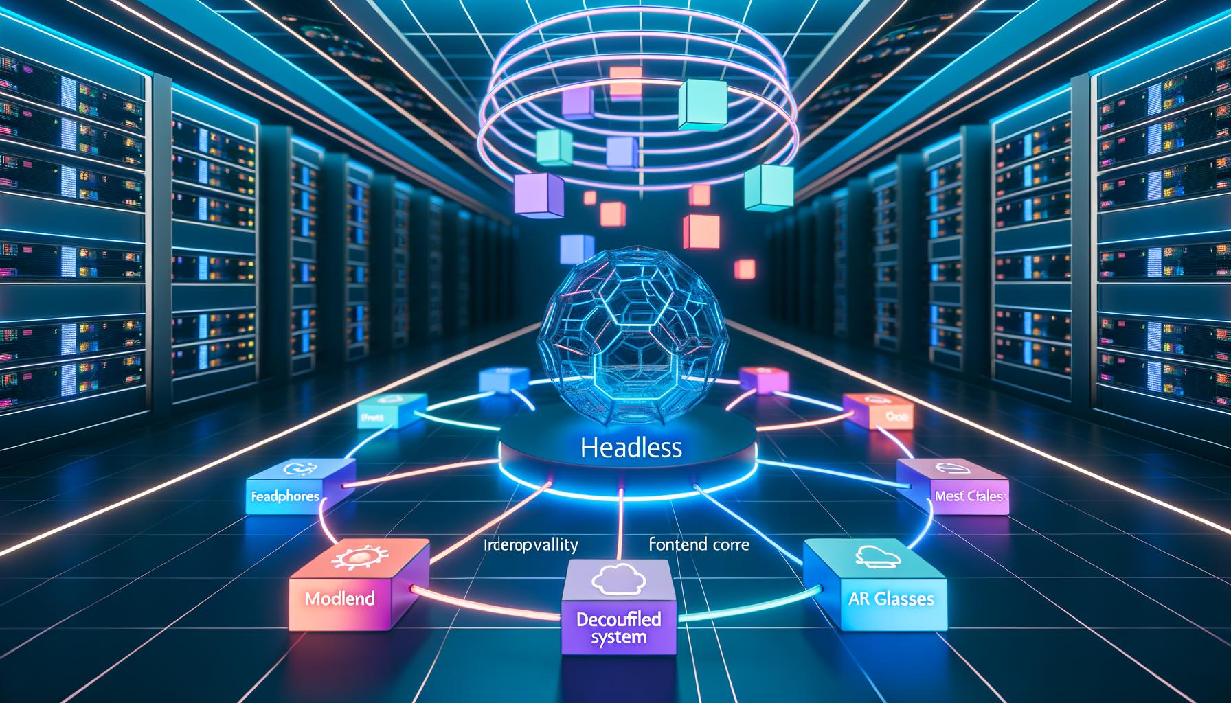 Futuristischer Serverraum mit modularen Backend- und Frontend-Komponenten sowie Headless-System, das API-Daten an verschiedene Geräte sendet.