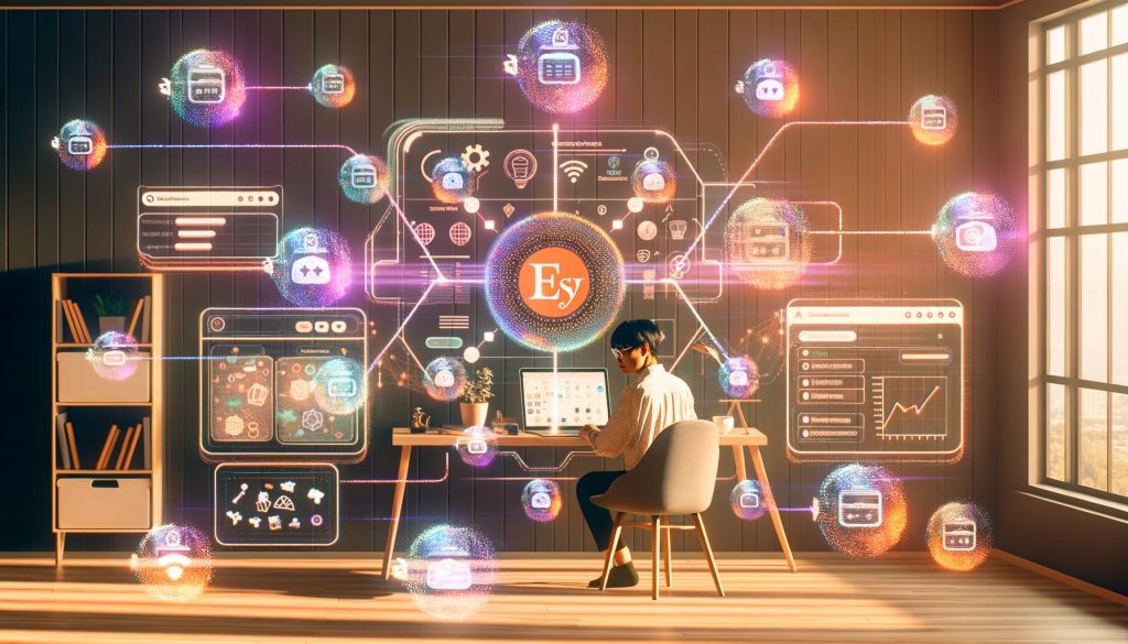 Allein arbeitender Unternehmer im modernen Home-Office, umgeben von schwebenden holografischen Etsy-Dashboards, KI-Avataren und automatisierten Workflows, die kreative und technologische Elemente vereinen.