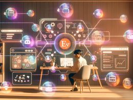 Allein arbeitender Unternehmer im modernen Home-Office, umgeben von schwebenden holografischen Etsy-Dashboards, KI-Avataren und automatisierten Workflows, die kreative und technologische Elemente vereinen.