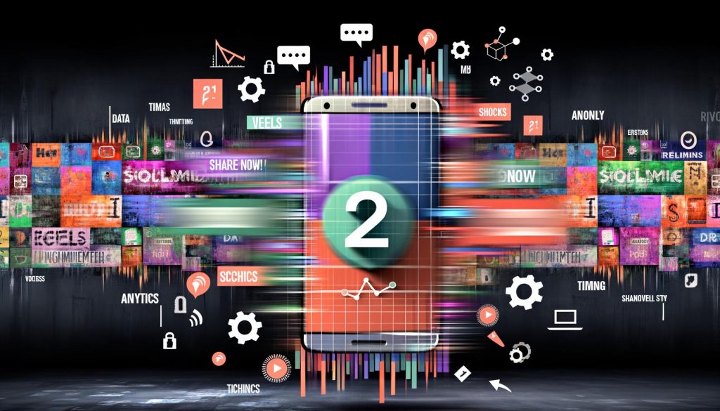 Modernes Collagenbild mit Smartphone, darauf lebendige Instagram Reels, Analytics-Dashboards und Social-Media-Icons umgeben von technischen und analytischen Symbolen.