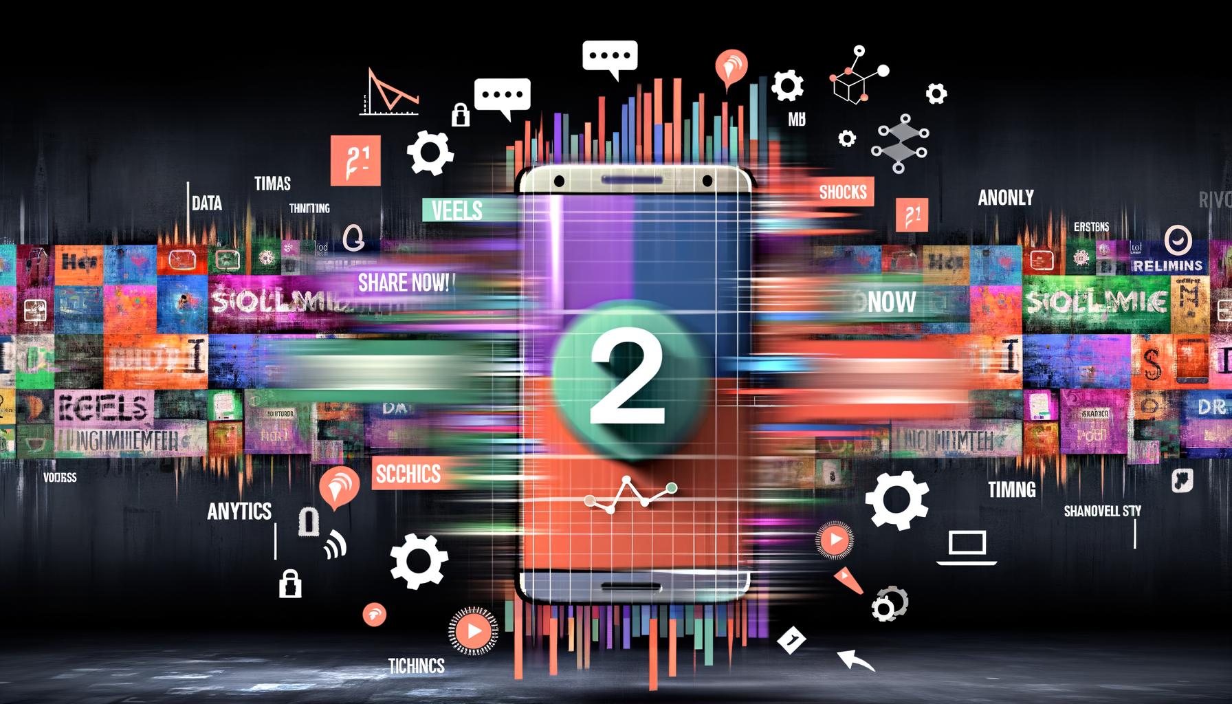 Modernes Collagenbild mit Smartphone, darauf lebendige Instagram Reels, Analytics-Dashboards und Social-Media-Icons umgeben von technischen und analytischen Symbolen.