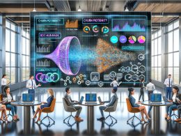 Team aus Data Scientists, Marketern und Customer Success Managern bespricht Churn-Modelle an einem modernen Dashboard mit bunten Analytics und technischen Diagrammen im Open-Space-Büro.