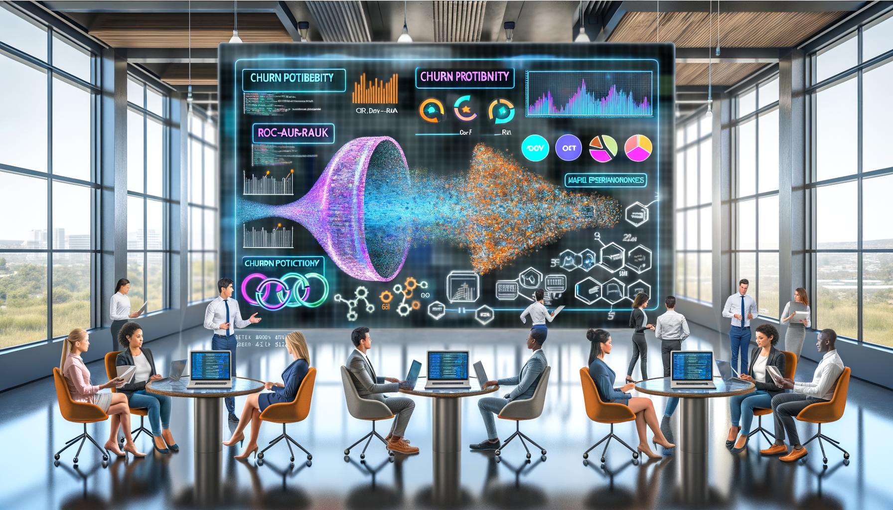 Team aus Data Scientists, Marketern und Customer Success Managern bespricht Churn-Modelle an einem modernen Dashboard mit bunten Analytics und technischen Diagrammen im Open-Space-Büro.
