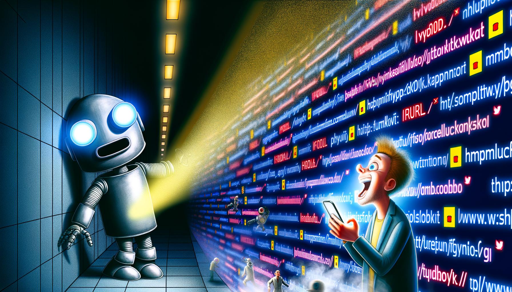 User scrollt begeistert durch endlosen Social-Media-Stream auf modernem Smartphone, während ein ratloser Googlebot im Hintergrund an unsichtbaren Inhalten scheitert. Im Vordergrund leuchten Suchanfragen und URLs im digitalen Nebel.