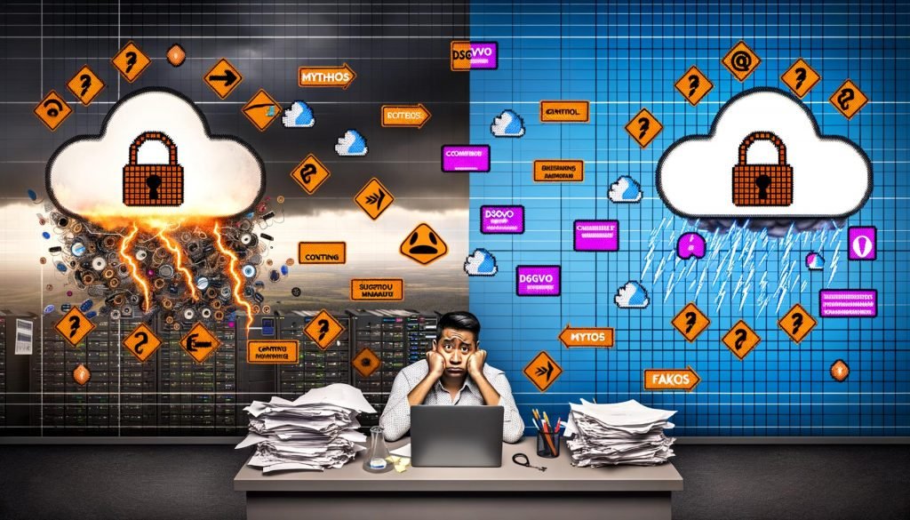 Frustrierter Marketer im Büro zwischen Kabelsalat, Cookie-Bannern und DSGVO-Symbolen, dargestellt im Kontrast von digitalem Chaos und klarer Datenschutzstruktur.