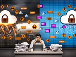 Frustrierter Marketer im Büro zwischen Kabelsalat, Cookie-Bannern und DSGVO-Symbolen, dargestellt im Kontrast von digitalem Chaos und klarer Datenschutzstruktur.