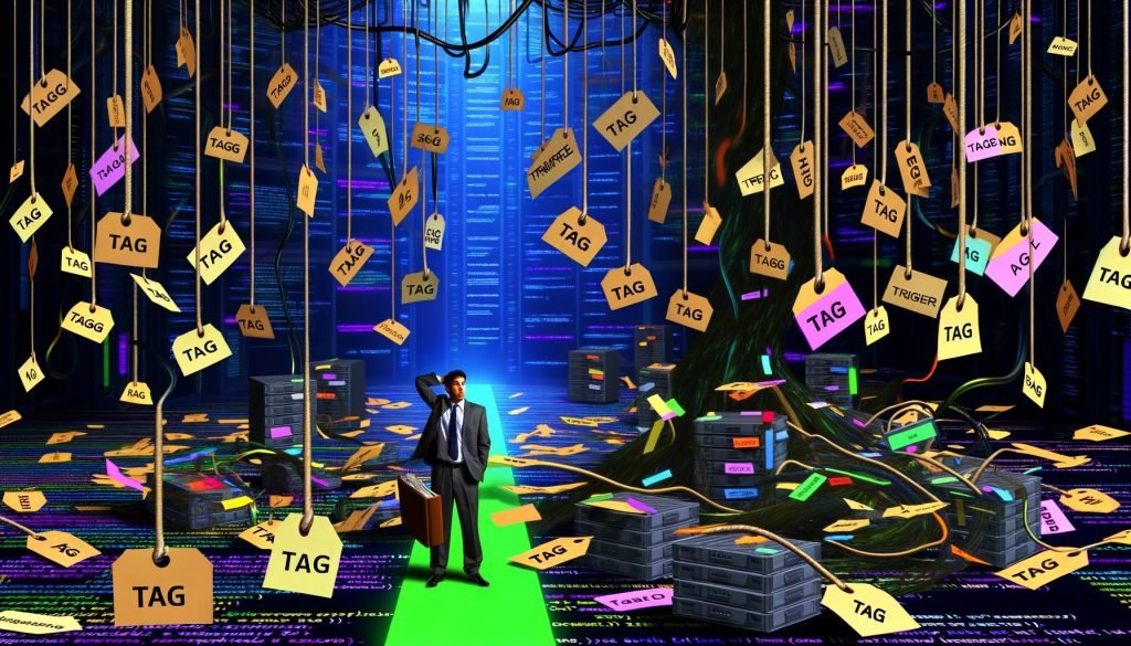 Überforderter Marketer mit chaotischem Clipboard vor digitalem Code-Dschungel, mit organisiertem Server-Rack im Hintergrund, symbolisiert Tag-Management-Transformation.