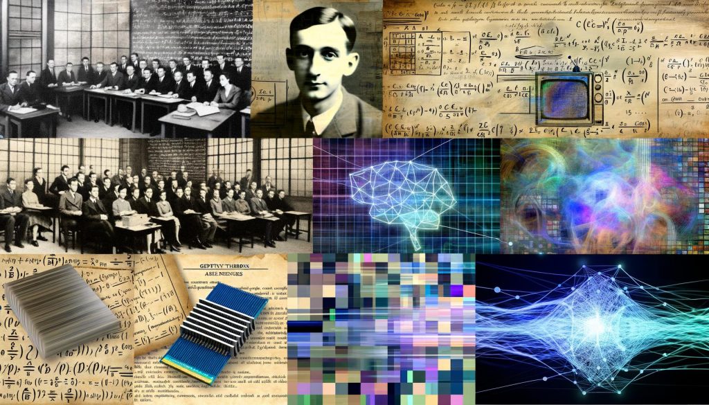 Collage historischer KI-Meilensteine mit Alan Turing, Dartmouth-Konferenz, Deep Blue gegen Kasparov, neuronalen Netzen, GPU und Symbolen moderner generativer KI wie ChatGPT.