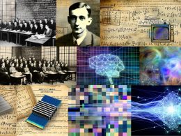 Collage historischer KI-Meilensteine mit Alan Turing, Dartmouth-Konferenz, Deep Blue gegen Kasparov, neuronalen Netzen, GPU und Symbolen moderner generativer KI wie ChatGPT.