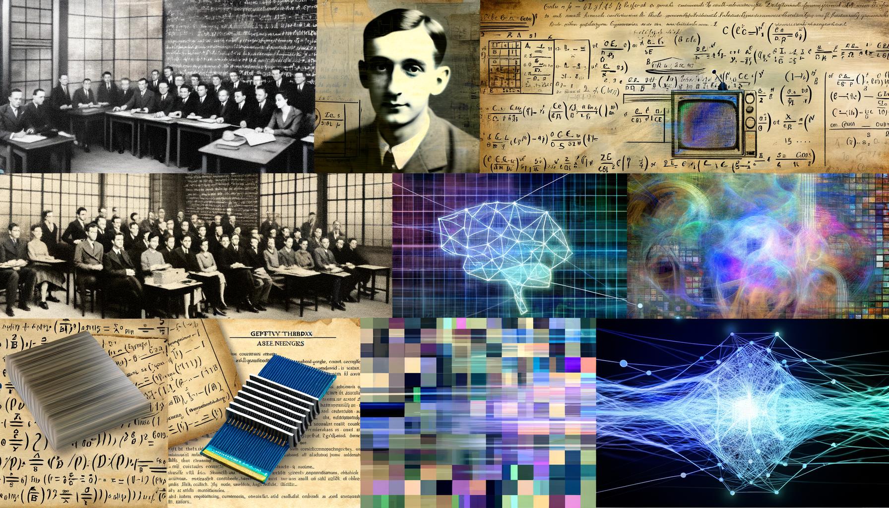 Collage historischer KI-Meilensteine mit Alan Turing, Dartmouth-Konferenz, Deep Blue gegen Kasparov, neuronalen Netzen, GPU und Symbolen moderner generativer KI wie ChatGPT.