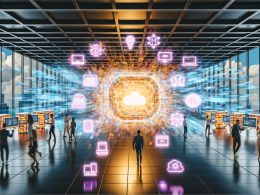 Innovatives Office mit Entwicklern und Marketern, vernetzt durch eine Headless CMS Plattform, mit digitalen Inhalten auf verschiedenen Endgeräten und veralteten Servern im Hintergrund.