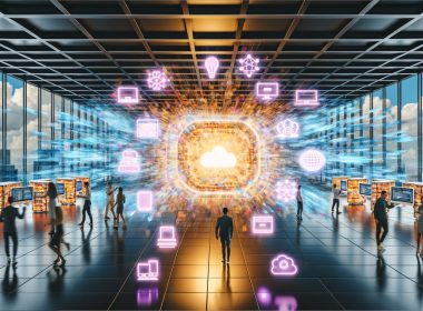 Innovatives Office mit Entwicklern und Marketern, vernetzt durch eine Headless CMS Plattform, mit digitalen Inhalten auf verschiedenen Endgeräten und veralteten Servern im Hintergrund.