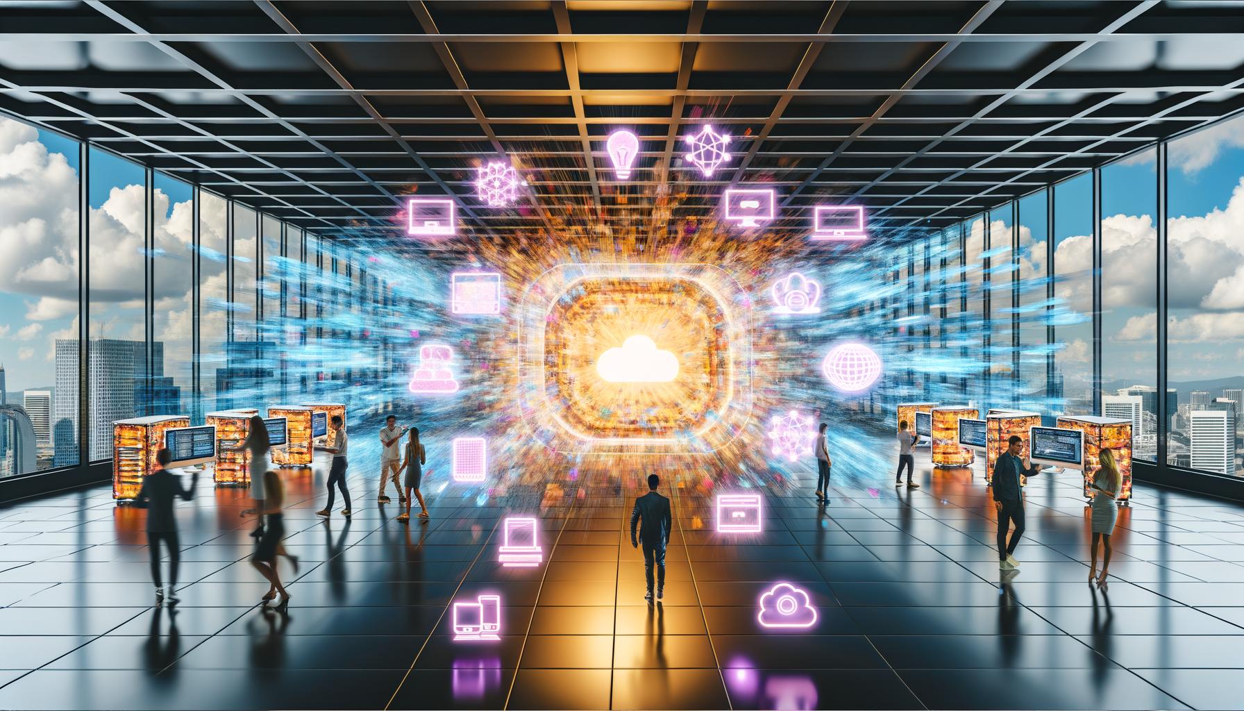 Innovatives Office mit Entwicklern und Marketern, vernetzt durch eine Headless CMS Plattform, mit digitalen Inhalten auf verschiedenen Endgeräten und veralteten Servern im Hintergrund.