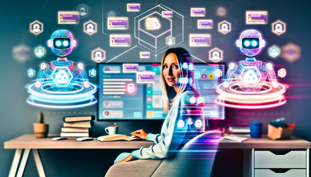 Futuristisches Homeoffice mit Einzelunternehmerin, KI-Avataren auf Bildschirmen, leuchtenden Symbolen für Automatisierung, Vernetzung, Datenanalyse und Etsy-Icons im digitalen Stil