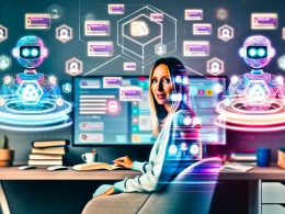 Futuristisches Homeoffice mit Einzelunternehmerin, KI-Avataren auf Bildschirmen, leuchtenden Symbolen für Automatisierung, Vernetzung, Datenanalyse und Etsy-Icons im digitalen Stil