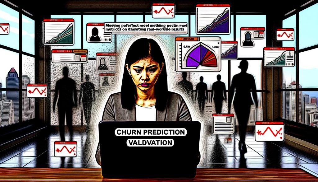 Illustration eines Data Scientists im Büro mit schwebenden Datencharts und Warnsymbolen, im Hintergrund abwandernde Kunden als Symbol für Churn Prediction Validierung.