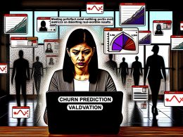 Illustration eines Data Scientists im Büro mit schwebenden Datencharts und Warnsymbolen, im Hintergrund abwandernde Kunden als Symbol für Churn Prediction Validierung.