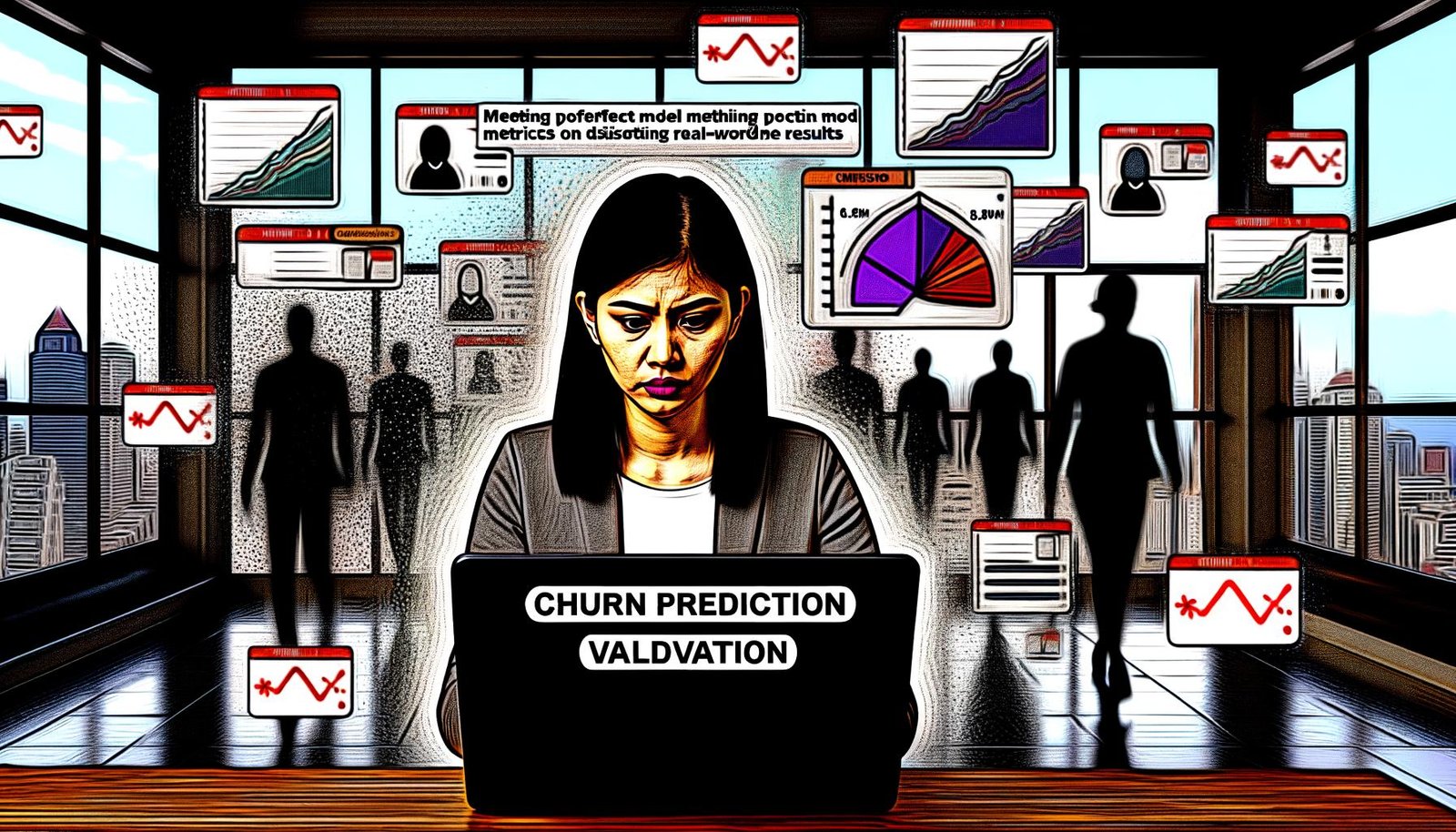 Illustration eines Data Scientists im Büro mit schwebenden Datencharts und Warnsymbolen, im Hintergrund abwandernde Kunden als Symbol für Churn Prediction Validierung.