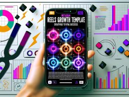 Dynamische Collage mit Smartphone und farbenfrohen Instagram-Reels-Thumbnails, umgeben von Daten- und Wachstumskurven, Trend-Icons sowie futuristischen Mustern. Akzente mit Magneten und Blitzen für Reichweite und virale Effekte.