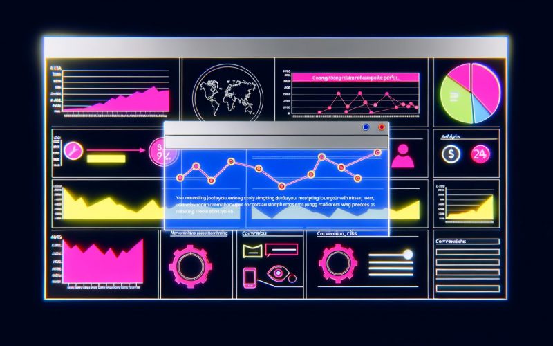 Modernes digitales Dashboard mit bunten Grafiken, Zeitleisten und Marketing-Touchpoints, hervorgehobener Zeitraum und Symbole für Conversions, Klicks und Impressions