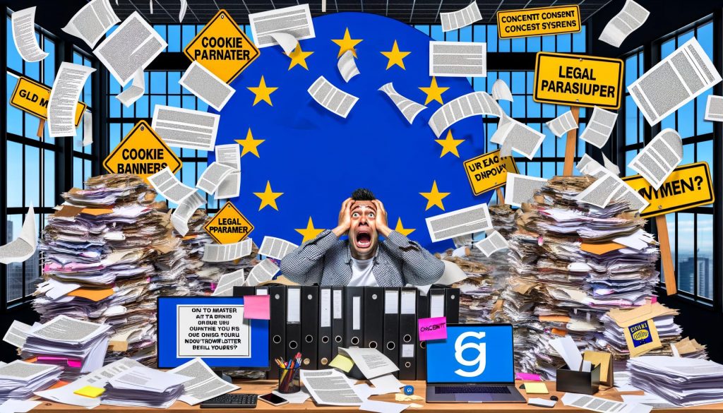 Gestresster Marketer sitzt in einem Büro voller Papierstapel, DSGVO-Notizen und Cookie-Banner, umgeben von EU-Sternen und einem Netz aus Paragraphenzeichen.