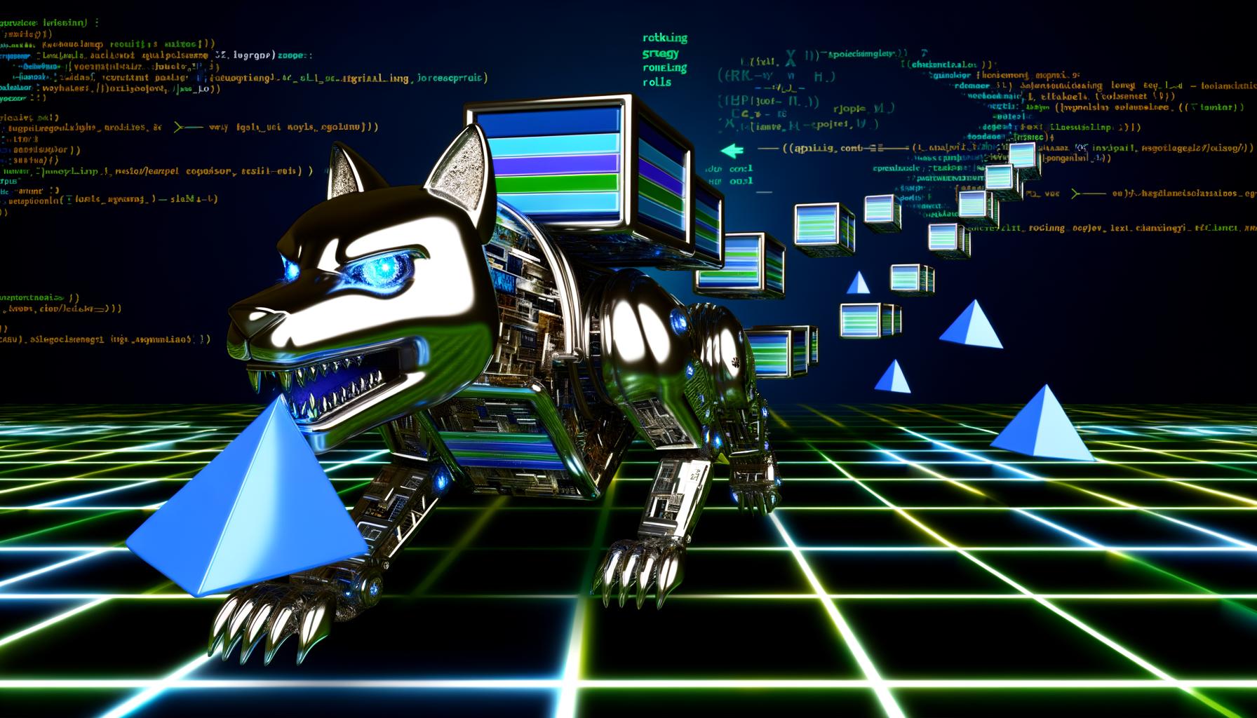 Chrome-Wolf als Googlebot frisst HTML-Blöcke in futuristischem, neonbeleuchtetem Webseiten-Labyrinth. Nicht gecrawlte JavaScript-Elemente bleiben im Schatten, Ranking-Pfeile und Performance-Diagramme sichtbar.