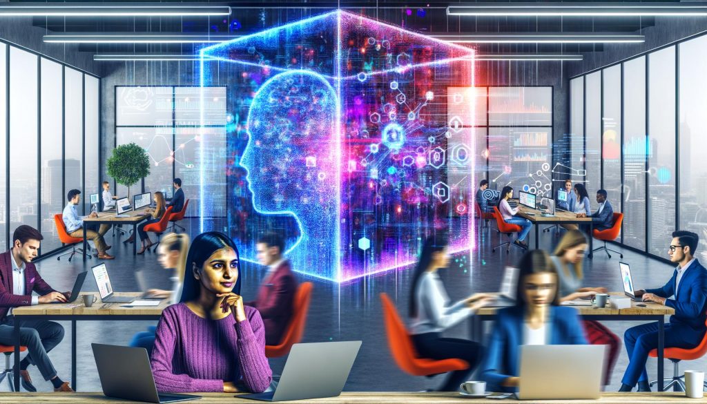 Illustration eines modernen Marketing-Agentur-Teams im Jahr 2024, das konzentriert an mehreren Monitoren mit Google Tag Manager, Matomo, Tealium und Debugging-Tools arbeitet. Im Vordergrund ein offenes Notizbuch mit Skizzen, Neonlicht und Kaffeebechern.