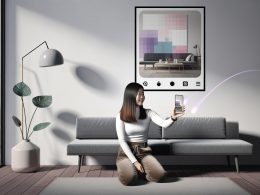 Junge Frau im modernen, skandinavischen Wohnzimmer zeigt mit Smartphone ein virtuelles buntes Poster an einer weißen Wand, mit Pflanzen und natürlichem Licht im Hintergrund.