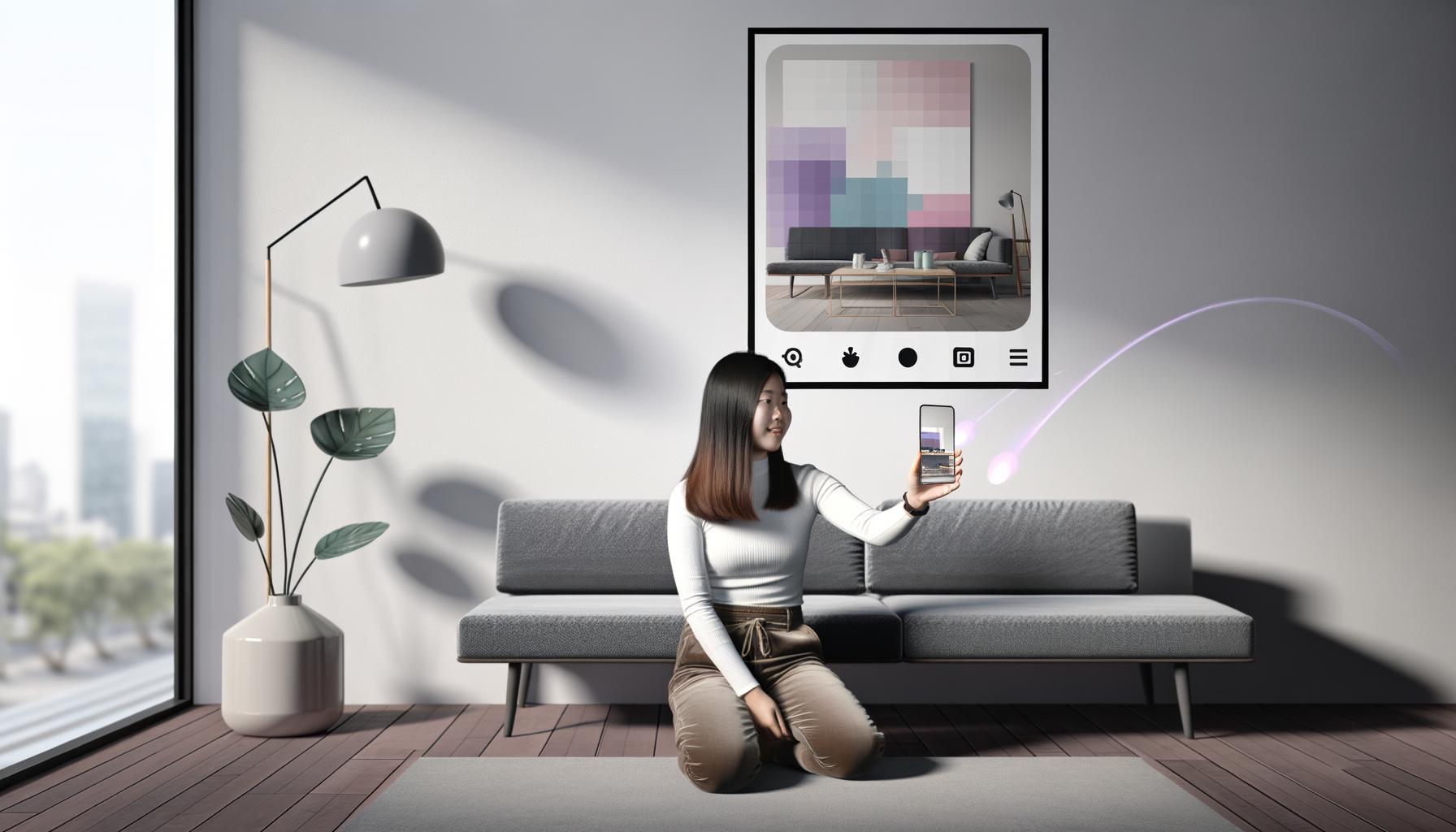 Junge Frau im modernen, skandinavischen Wohnzimmer zeigt mit Smartphone ein virtuelles buntes Poster an einer weißen Wand, mit Pflanzen und natürlichem Licht im Hintergrund.