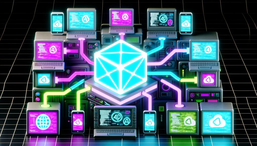 Futuristisches digitales Kontrollzentrum mit Headless CMS als leuchtendem Würfel, API-Verbindungen zu verschiedenen Geräten, verblassende klassische CMS-Logos im Hintergrund.