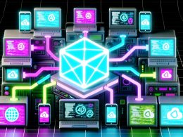 Futuristisches digitales Kontrollzentrum mit Headless CMS als leuchtendem Würfel, API-Verbindungen zu verschiedenen Geräten, verblassende klassische CMS-Logos im Hintergrund.