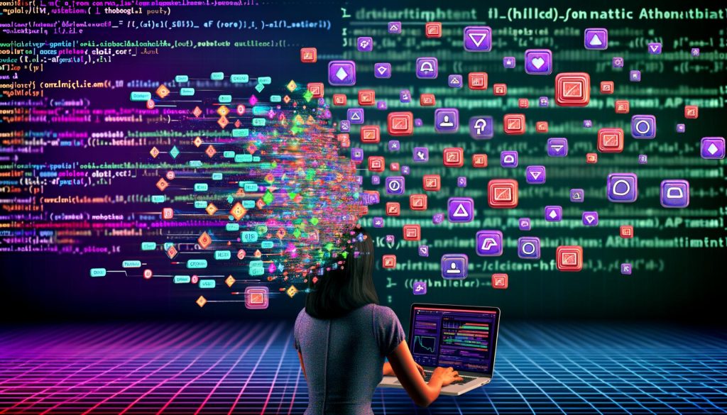 Illustration einer Social-Media-Strategin am Laptop mit Automatisierungs-Workflows, Statistik-Dashboards, KI-Datenströmen und schwebenden Instagram-Reels-Symbolen vor digitalem Hintergrund.