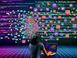 Illustration einer Social-Media-Strategin am Laptop mit Automatisierungs-Workflows, Statistik-Dashboards, KI-Datenströmen und schwebenden Instagram-Reels-Symbolen vor digitalem Hintergrund.