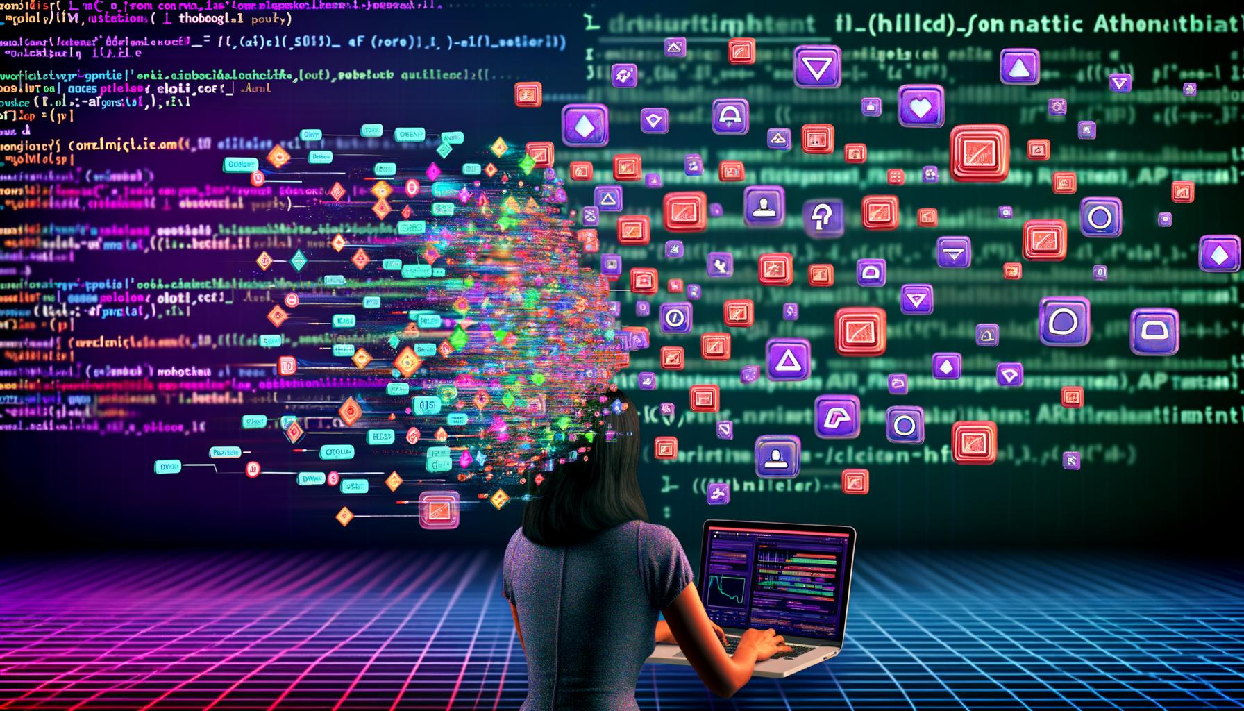Illustration einer Social-Media-Strategin am Laptop mit Automatisierungs-Workflows, Statistik-Dashboards, KI-Datenströmen und schwebenden Instagram-Reels-Symbolen vor digitalem Hintergrund.