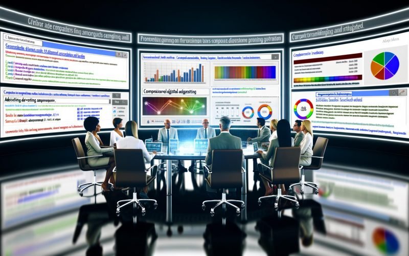 Mehrere Monitore mit Microsoft Advertising Dashboard und Suchergebnisanzeigen, während ein diverses Marketingteam an einem Glastisch arbeitet.