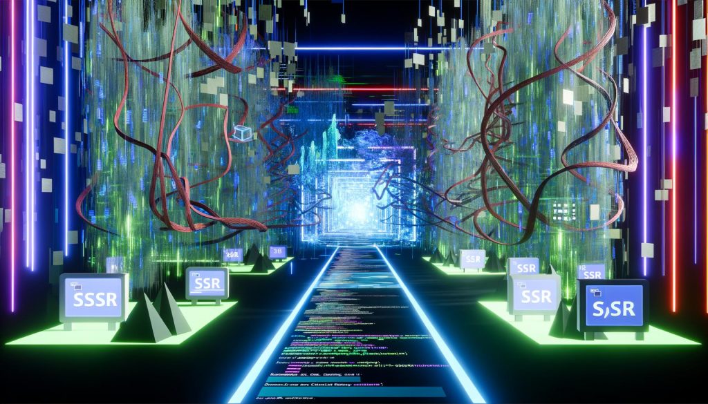 Futuristischer Digital-Dschungel mit leuchtendem Code, Render-Methoden-Schildern (SSR, CSR, SSG, ISR) und einem Portal für hybrides Web-Rendering, umgeben von Metriken und Googlebot-Symbolen.