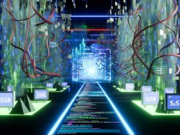 Futuristischer Digital-Dschungel mit leuchtendem Code, Render-Methoden-Schildern (SSR, CSR, SSG, ISR) und einem Portal für hybrides Web-Rendering, umgeben von Metriken und Googlebot-Symbolen.