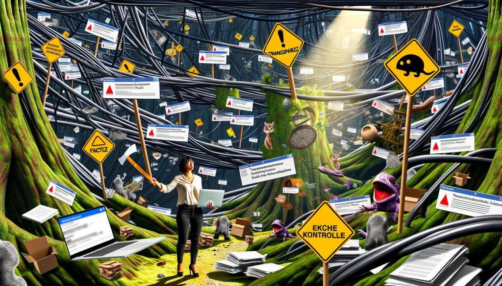 Illustration eines überwuchernden digitalen Dschungels mit Kabeln, Cookie-Bannern, Papierstapeln, Warnzeichen und einem Marketer, der mit einer Machete namens 'Fakten' einen Weg durch DSGVO-Mythen sucht.