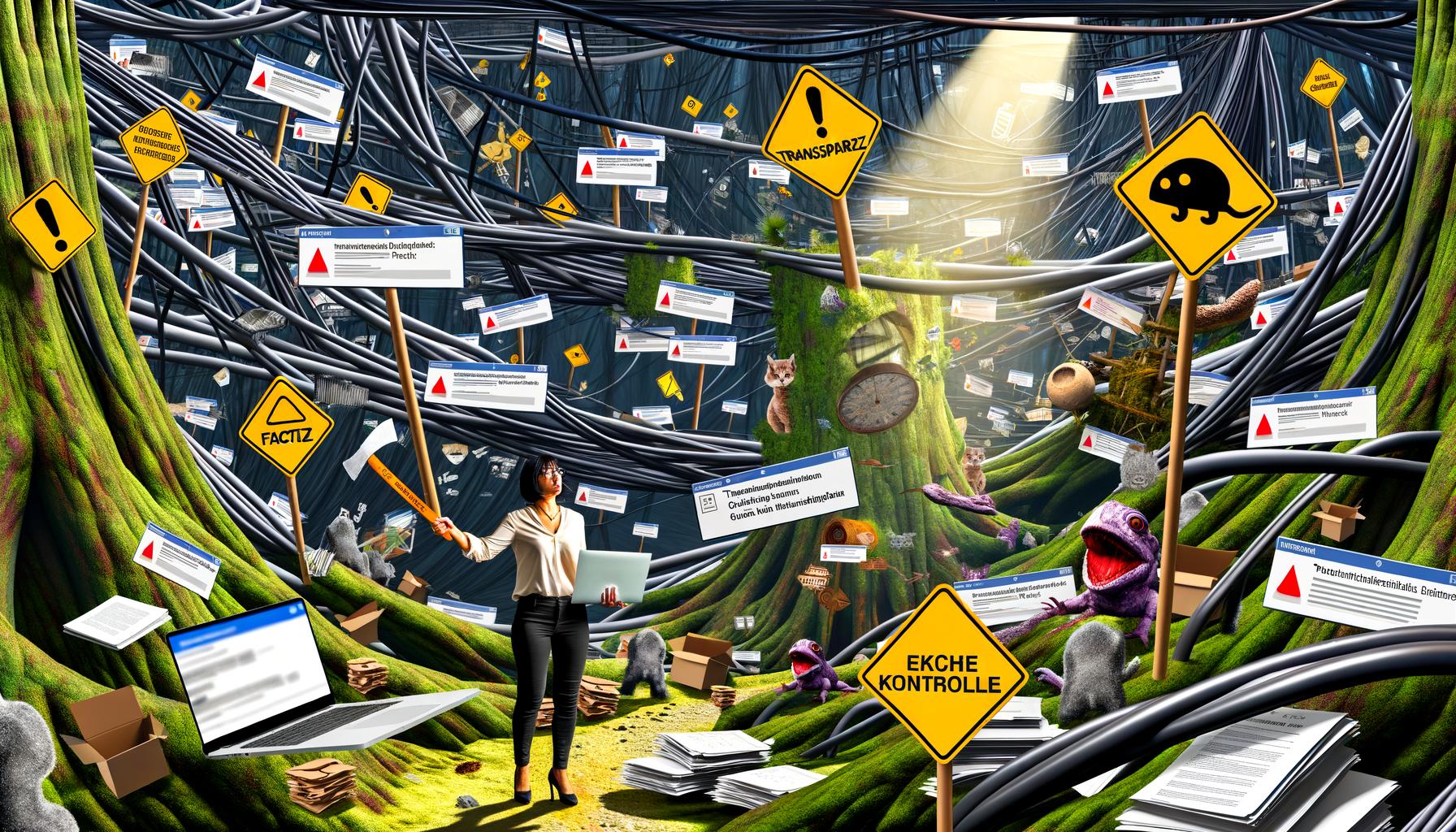 Illustration eines überwuchernden digitalen Dschungels mit Kabeln, Cookie-Bannern, Papierstapeln, Warnzeichen und einem Marketer, der mit einer Machete namens 'Fakten' einen Weg durch DSGVO-Mythen sucht.