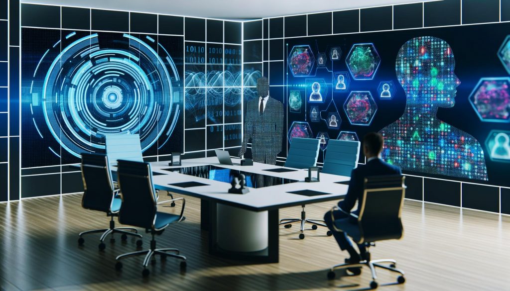Unternehmens-Boardroom mit Entscheider am Tisch, umgeben von holografischen Daten, KI-Visualisierungen und modernen Geräten.