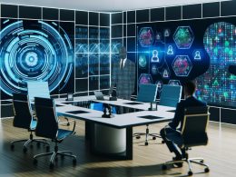 Unternehmens-Boardroom mit Entscheider am Tisch, umgeben von holografischen Daten, KI-Visualisierungen und modernen Geräten.