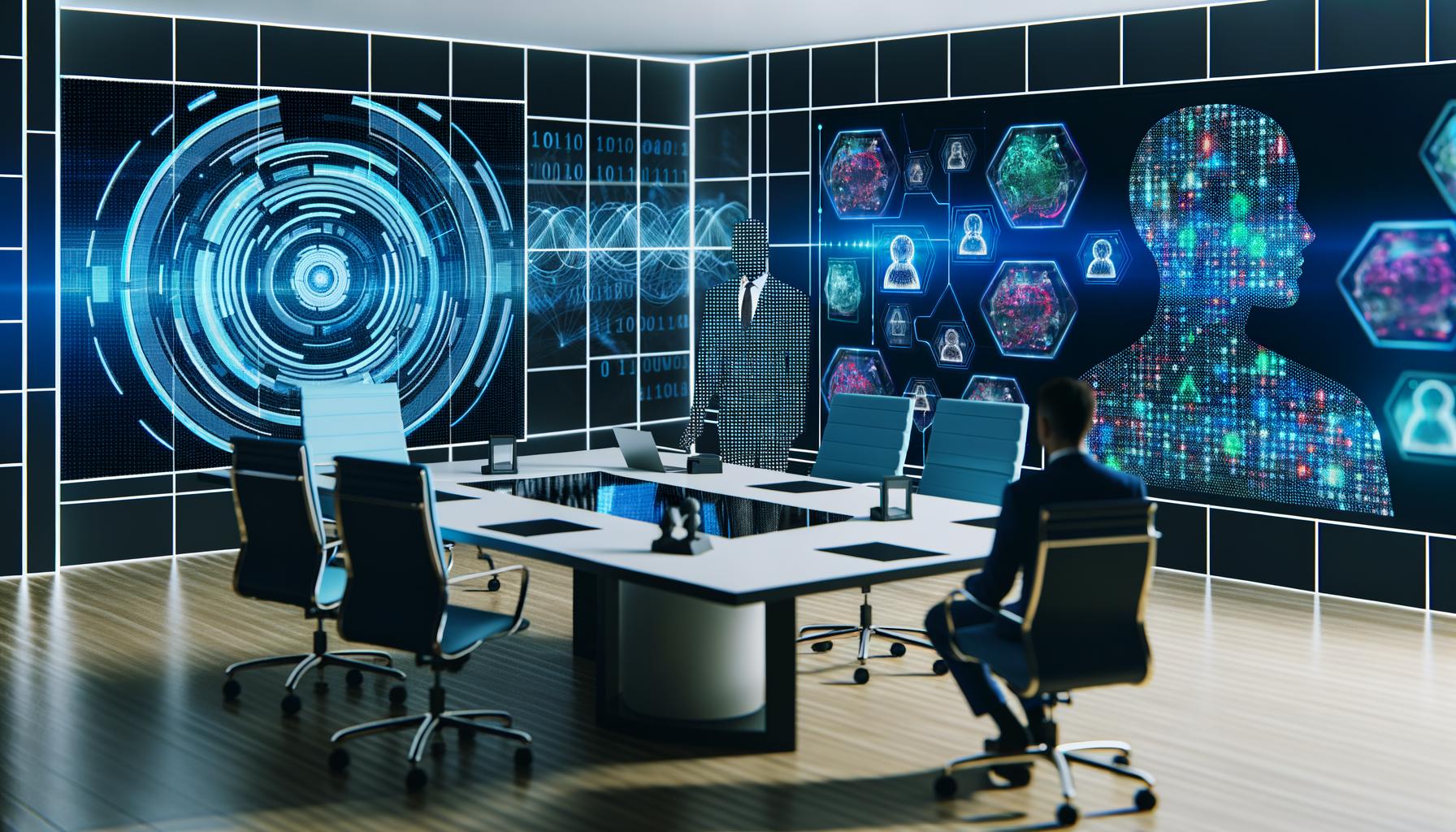 Unternehmens-Boardroom mit Entscheider am Tisch, umgeben von holografischen Daten, KI-Visualisierungen und modernen Geräten.