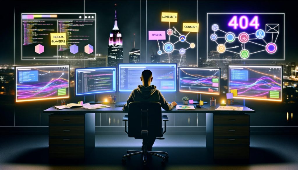 Online-Marketing-Experte sitzt in einem futuristischen Büro bei Nacht vor Monitoren voller Google Tag Manager Dashboards und Datenflüsse, mit 404-LED-Licht auf dem Tisch.