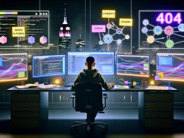 Online-Marketing-Experte sitzt in einem futuristischen Büro bei Nacht vor Monitoren voller Google Tag Manager Dashboards und Datenflüsse, mit 404-LED-Licht auf dem Tisch.