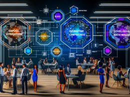 Hand mit Smartphone zeigt eine handgefertigte Lampe als 3D-AR-Objekt auf einem Nachttisch in einer modernen Wohnung, mit neugierigen Zuschauern im Hintergrund.