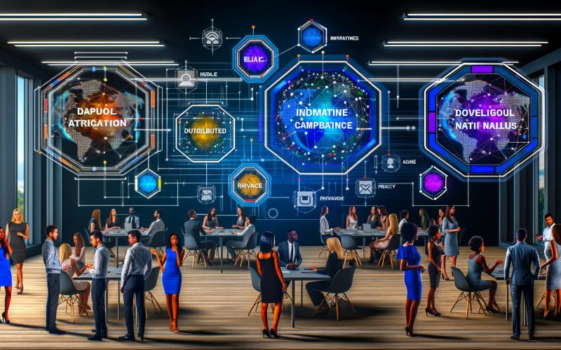 Moderner digitaler Arbeitsbereich mit mehreren Geräten, die native Werbeanzeigen von Microsoft Audience Network auf Bing, MSN, Outlook.com und Edge anzeigen, umgeben von Datenvisualisierungen und Geschäftspersonen.